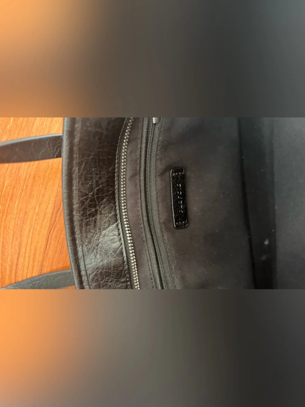 Black Leather Tote with Striped Adjustable Strap